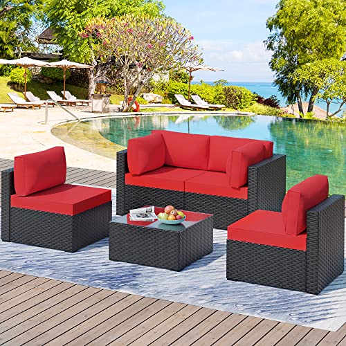Walsunny 5 Pieces Patio Outdoor Furniture Sets,Low Back All-Weather Rattan Sectional Sofa with Tea Table&Washable Couch Cushions (Black Rattan) (Red)