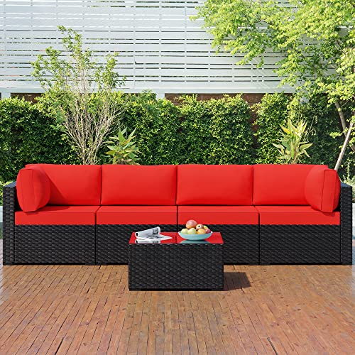 Walsunny 5 Pieces Patio Outdoor Furniture Sets,Low Back All-Weather Rattan Sectional Sofa with Tea Table&Washable Couch Cushions (Black Rattan) (Red)