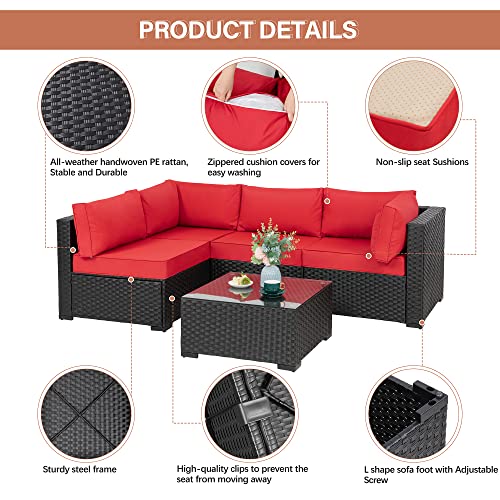 Walsunny 5 Pieces Patio Outdoor Furniture Sets,Low Back All-Weather Rattan Sectional Sofa with Tea Table&Washable Couch Cushions (Black Rattan) (Red)