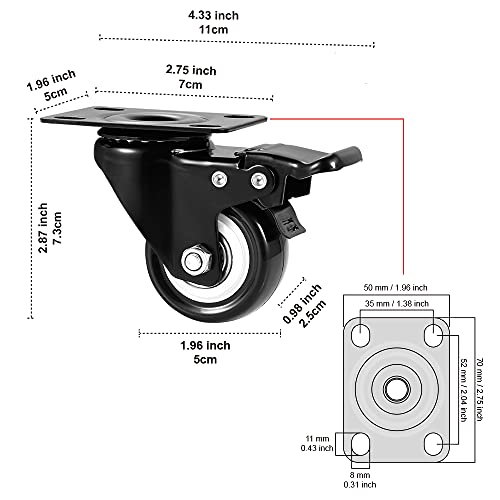 ASHGOOB 2" Caster Wheels Set of 4, Heavy Duty Casters with Brake, No Noise Locking Casters with Polyurethane (PU) Wheels, Swivel Plate Castors Pack of 4
