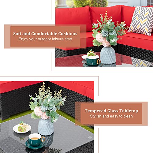 Walsunny 5 Pieces Patio Outdoor Furniture Sets,Low Back All-Weather Rattan Sectional Sofa with Tea Table&Washable Couch Cushions (Black Rattan) (Red)
