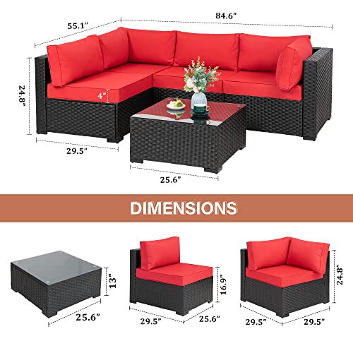 Walsunny 5 Pieces Patio Outdoor Furniture Sets,Low Back All-Weather Rattan Sectional Sofa with Tea Table&Washable Couch Cushions (Black Rattan) (Red)