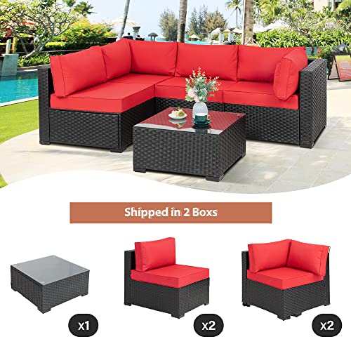 Walsunny 5 Pieces Patio Outdoor Furniture Sets,Low Back All-Weather Rattan Sectional Sofa with Tea Table&Washable Couch Cushions (Black Rattan) (Red)
