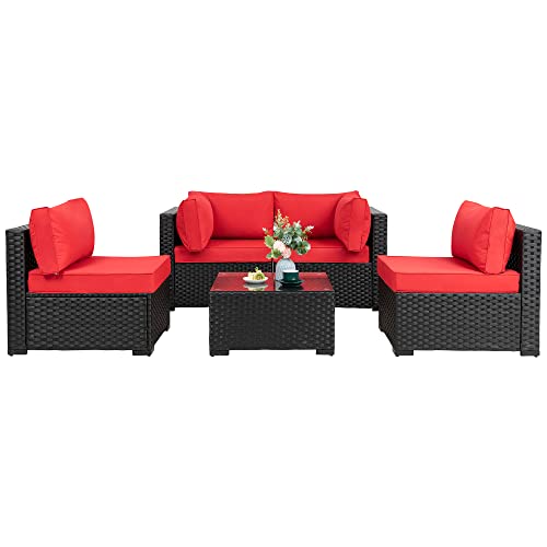 Walsunny 5 Pieces Patio Outdoor Furniture Sets,Low Back All-Weather Rattan Sectional Sofa with Tea Table&Washable Couch Cushions (Black Rattan) (Red)