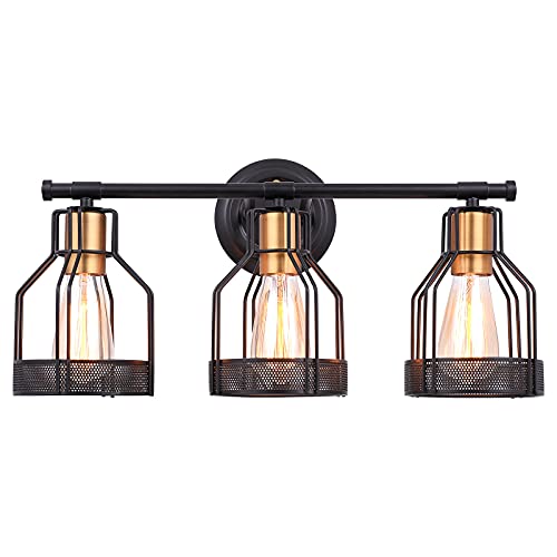 Pauwer Industrial Bathroom Vanity Light 3 Light Farmhouse Metal Cage Bathroom Wall Light Fixture Black Wall Sconce Lighting Edison Vintage Wall Light Fixture for Bathroom Vanity Mirror Cabinet