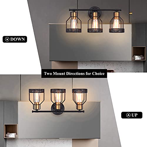 Pauwer Industrial Bathroom Vanity Light 3 Light Farmhouse Metal Cage Bathroom Wall Light Fixture Black Wall Sconce Lighting Edison Vintage Wall Light Fixture for Bathroom Vanity Mirror Cabinet