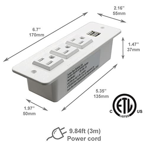 Conference Recessed Power Strip with USB Mountable Power Outlet Built in Desktop Workbench Drawer Cabinet 10'ft Heavy Duty Power Cord White