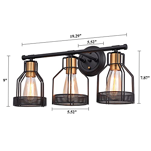 Pauwer Industrial Bathroom Vanity Light 3 Light Farmhouse Metal Cage Bathroom Wall Light Fixture Black Wall Sconce Lighting Edison Vintage Wall Light Fixture for Bathroom Vanity Mirror Cabinet
