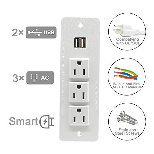 Conference Recessed Power Strip with USB Mountable Power Outlet Built in Desktop Workbench Drawer Cabinet 10'ft Heavy Duty Power Cord White
