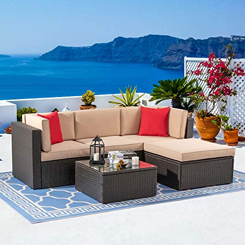 Vongrasig 5 Piece Patio Furniture Sets, All-Weather Brown PE Wicker Outdoor Couch Sectional Set, Small Conversation Set for Garden/Patio w/Ottoman, Glass Table, Red Pillow, Beige