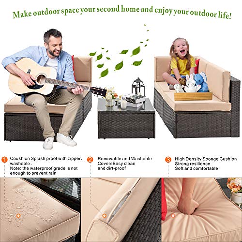 Vongrasig 5 Piece Patio Furniture Sets, All-Weather Brown PE Wicker Outdoor Couch Sectional Set, Small Conversation Set for Garden/Patio w/Ottoman, Glass Table, Red Pillow, Beige
