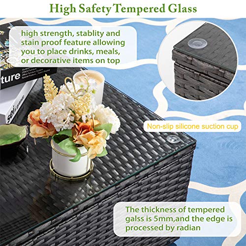 Vongrasig 5 Piece Patio Furniture Sets, All-Weather Brown PE Wicker Outdoor Couch Sectional Set, Small Conversation Set for Garden/Patio w/Ottoman, Glass Table, Red Pillow, Beige