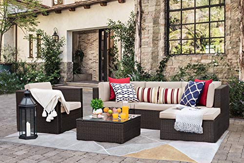 Flamaker 6 Pieces Patio Furniture Set Outdoor Sectional Sofa Outdoor Furniture Set Patio Sofa Set Conversation Set with Cushion and Table (Beige)