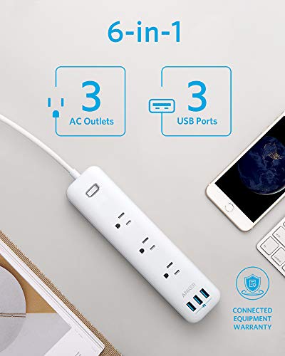 Anker Power Strip with USB, 3-Outlet & 3 PowerIQ USB Power Strip, PowerPort Strip 3 with 5 Foot Long Extension Cord, Flat Plug, Safety Shutter, for Home, Office