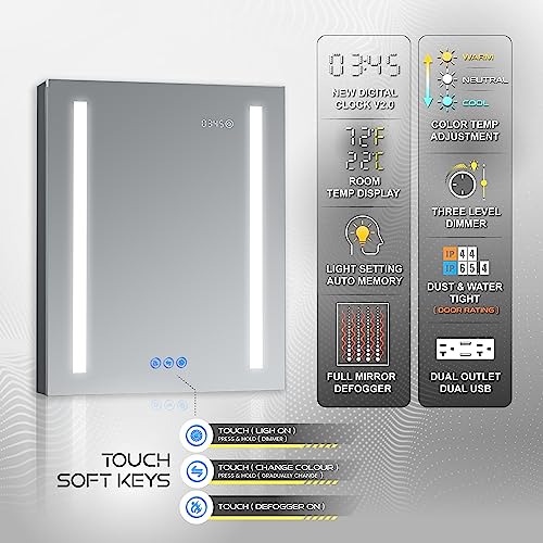 DECADOM LED Mirror Medicine Cabinet Recessed or Surface, Defogger, Dimmer, Clock, Room Temp Display, Makeup Mirror 3X, Outlets & USBs (Aura 24x30/R)