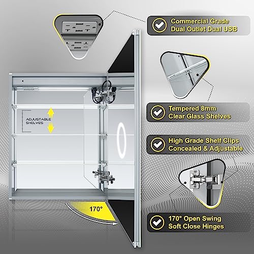 DECADOM LED Mirror Medicine Cabinet Recessed or Surface, Defogger, Dimmer, Clock, Room Temp Display, Makeup Mirror 3X, Outlets & USBs (Aura 24x30/R)