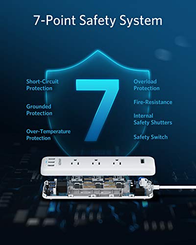 Anker Power Strip with USB, 3-Outlet & 3 PowerIQ USB Power Strip, PowerPort Strip 3 with 5 Foot Long Extension Cord, Flat Plug, Safety Shutter, for Home, Office