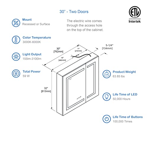 BLOSSOM Recessed or Surface LED Mirror Medicine Cabinet with Lights, LED Medicine Cabinet w/Defogger, Dimmer, 3X Makeup Mirror, Outlets & USB (30x32/Zoom Mirror)
