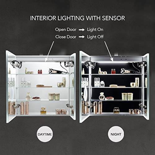 BLOSSOM Recessed or Surface LED Mirror Medicine Cabinet with Lights, LED Medicine Cabinet w/Defogger, Dimmer, 3X Makeup Mirror, Outlets & USB (30x32/Zoom Mirror)