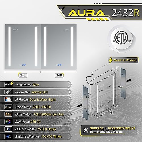 DECADOM LED Mirror Medicine Cabinet Recessed or Surface, Defogger, Dimmer, Clock, Room Temp Display, Makeup Mirror 3X, Outlets & USBs (Aura 24x30/R)