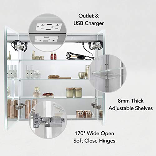 BLOSSOM Recessed or Surface LED Mirror Medicine Cabinet with Lights, LED Medicine Cabinet w/Defogger, Dimmer, 3X Makeup Mirror, Outlets & USB (30x32/Zoom Mirror)