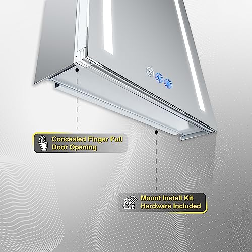 DECADOM LED Mirror Medicine Cabinet Recessed or Surface, Defogger, Dimmer, Clock, Room Temp Display, Makeup Mirror 3X, Outlets & USBs (Aura 24x30/R)