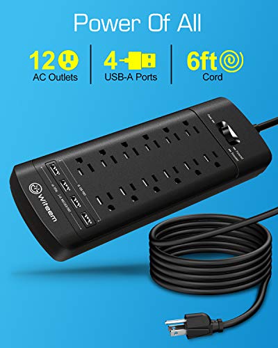 Power Strip, Witeem Surge Protector with 12-Outlet (1875W/15A, 4360Joules) and 4 USB Charging Ports (5V/6A, 30W), 6Ft Extension Cord, Wall Mountable Overload Protection Outlet for Home & Office, Black