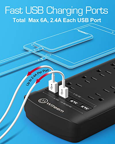 Power Strip, Witeem Surge Protector with 12-Outlet (1875W/15A, 4360Joules) and 4 USB Charging Ports (5V/6A, 30W), 6Ft Extension Cord, Wall Mountable Overload Protection Outlet for Home & Office, Black