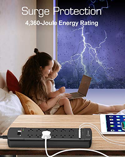 Power Strip, Witeem Surge Protector with 12-Outlet (1875W/15A, 4360Joules) and 4 USB Charging Ports (5V/6A, 30W), 6Ft Extension Cord, Wall Mountable Overload Protection Outlet for Home & Office, Black