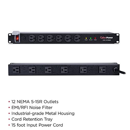 CyberPower CPS1215RMS Rackmount Surge Protector, 120V/15A, 12 Outlets, 15 ft Power Cord, 1U Rackmount