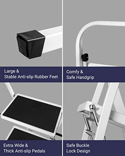 Delxo 4 Step Ladder Folding Step Stool, Heavy-Duty Sturdy Safety Tall Step Ladder Outdoor with Handrail Wide Pedal,White Lightweight Collapsible 4-Feet Step Stool Ladder for Adults Home Kitchen Indoor