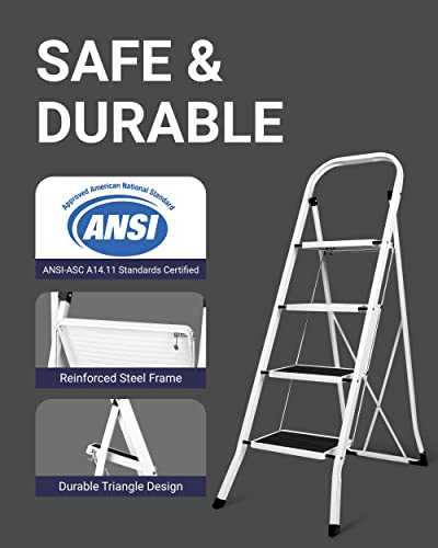 Delxo 4 Step Ladder Folding Step Stool, Heavy-Duty Sturdy Safety Tall Step Ladder Outdoor with Handrail Wide Pedal,White Lightweight Collapsible 4-Feet Step Stool Ladder for Adults Home Kitchen Indoor