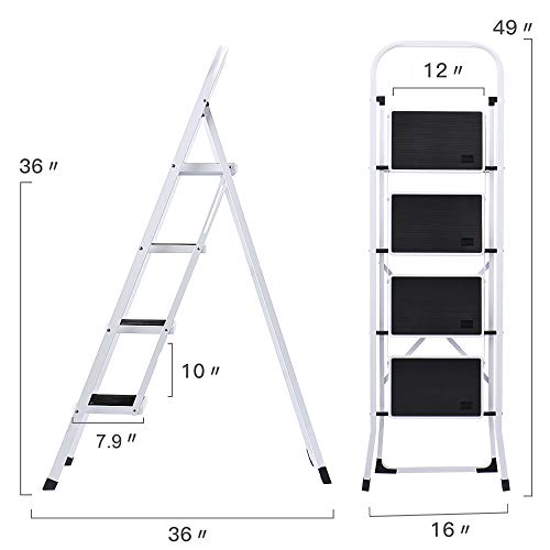 Delxo 4 Step Ladder Folding Step Stool, Heavy-Duty Sturdy Safety Tall Step Ladder Outdoor with Handrail Wide Pedal,White Lightweight Collapsible 4-Feet Step Stool Ladder for Adults Home Kitchen Indoor