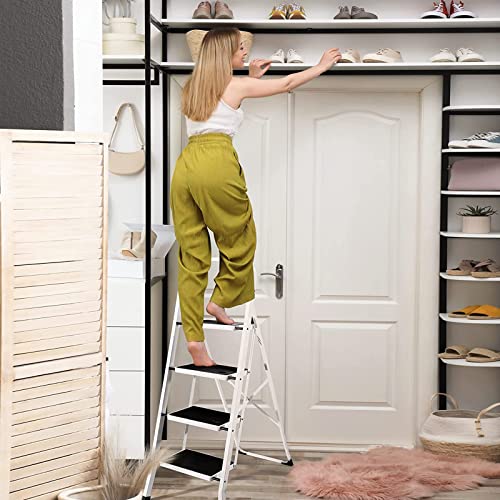 Delxo 4 Step Ladder Folding Step Stool, Heavy-Duty Sturdy Safety Tall Step Ladder Outdoor with Handrail Wide Pedal,White Lightweight Collapsible 4-Feet Step Stool Ladder for Adults Home Kitchen Indoor
