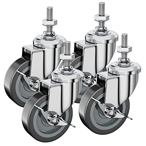 Houseables Caster Wheels, Casters, Set of 4, 3 Inch, (Screw Diameter 3/8"-16, Length 1.5"), Rubber, Heavy Duty, Threaded Stem Mount Industrial Castors, Locking Metal Swivel Wheel, for Furniture, Cart