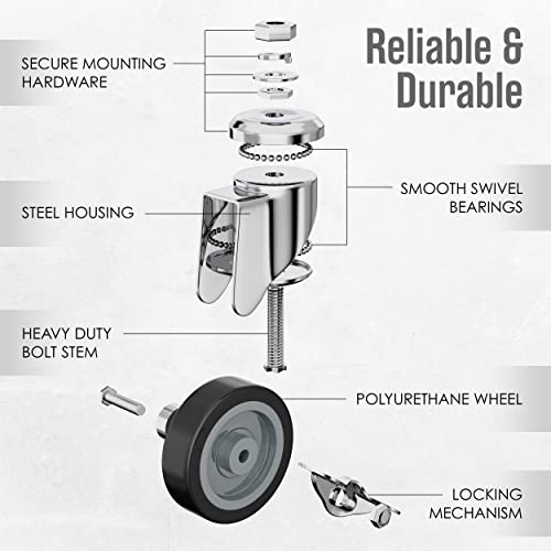Houseables Caster Wheels, Casters, Set of 4, 3 Inch, (Screw Diameter 3/8"-16, Length 1.5"), Rubber, Heavy Duty, Threaded Stem Mount Industrial Castors, Locking Metal Swivel Wheel, for Furniture, Cart