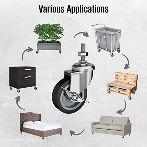 Houseables Caster Wheels, Casters, Set of 4, 3 Inch, (Screw Diameter 3/8"-16, Length 1.5"), Rubber, Heavy Duty, Threaded Stem Mount Industrial Castors, Locking Metal Swivel Wheel, for Furniture, Cart