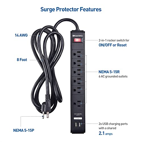 Cable Matters 2-Pack 6 Outlet Surge Protector Power Strip with USB, 8 ft Long Extension Cord (Surge Protector with USB Ports) in Black