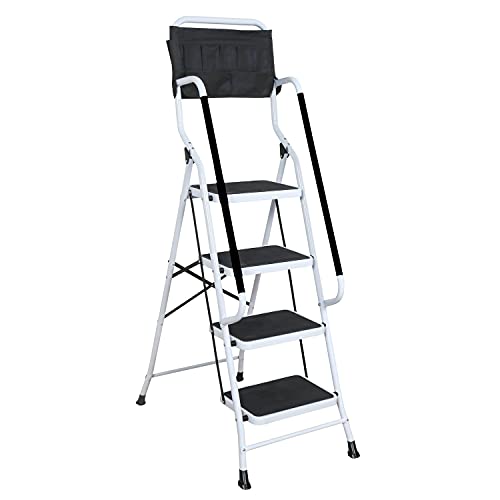 SUPPORT PLUS Folding 4 Step Ladder Folding Step Stool with Handle and Tool Caddy, 300 Pound Weight Capacity, 4 Step Ladder with Handrails