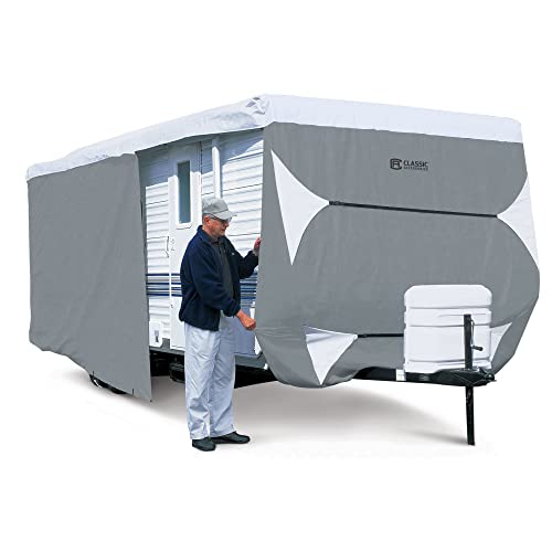 Classic Accessories Over Drive PolyPRO3 Deluxe Travel Trailer/Toy Hauler Cover, Fits 38'-40' RVs, Camper RV Cover, Customizable Fit, Water-Resistant, All Season Protection for Motorhome, Grey/White