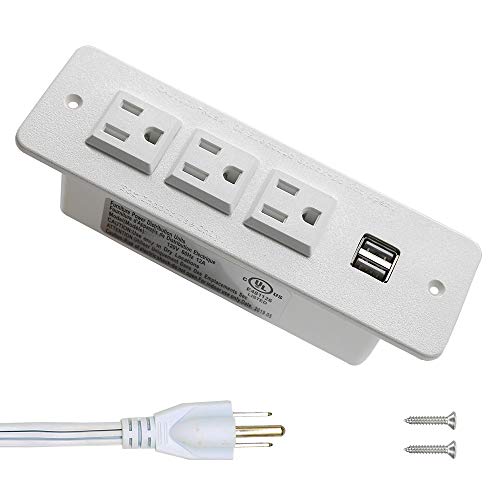 Conference Recessed Power Strip with USB Mountable Power Outlet Built in Desktop Workbench Drawer Cabinet 10'ft Heavy Duty Power Cord White