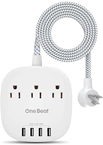 Desktop Power Strip with 3 Outlet 4 USB Ports 4.5A, Flat Plug and 5 ft Long Braided Extension Cords for Cruise Ship Travel Home Office, ETL Listed