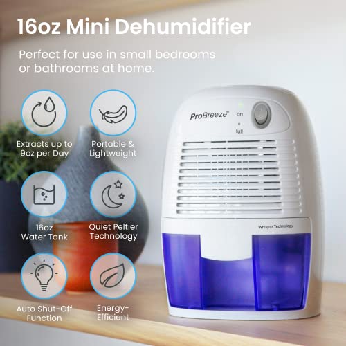 Pro Breeze Portable Dehumidifier, 225 sq ft Closet Dehumidifiers for Home, Mini Dehumidifiers for Room 16oz Tank Removes Humidity Bathroom Dehumidifier Small Dehumidifier for Bedroom, RV, Basement