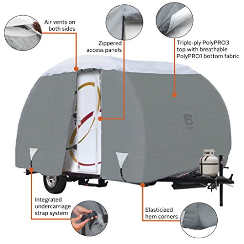 Classic Accessories Over Drive PolyPRO3 Deluxe R-Pod Travel Trailer Cover, 17' 7", Camper RV Cover, Customizable Fit, Water-Resistant, All Season Protection for Motorhome, Grey/Snow White