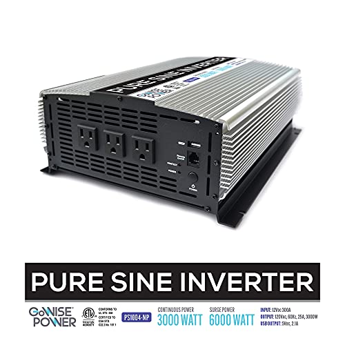 GoWISE Power PS1004 3000W Continuous 6000W Surge Peak Power Pure Sine Wave Inverter with Starter Cables and 4 Output Sockets, Updated Model, Grey, Standard