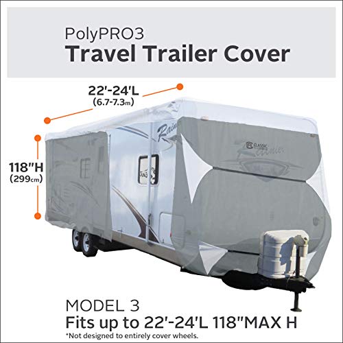Classic Accessories Over Drive PolyPRO3 Deluxe Travel Trailer/Toy Hauler Cover, Fits 22'-24' RVs, Camper RV Cover, Customizable Fit, Water-Resistant, All Season Protection for Motorhome, Grey/White