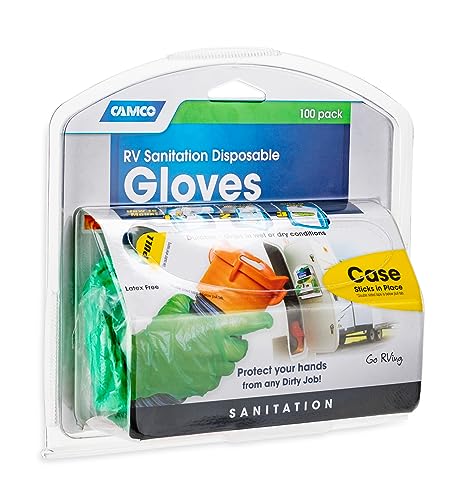 Camco Durable All Purpose RV and Camper Disposable Sanitation Gloves | Ideal in Wet or Dry Conditions | Green Non-Latex Gloves | 100 Pack (40285)