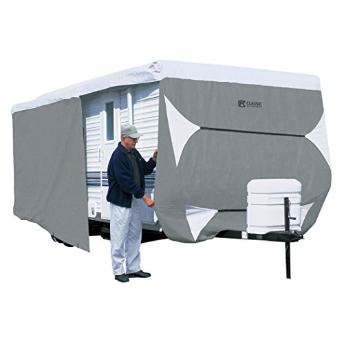 Classic Accessories Over Drive PolyPRO3 Deluxe Travel Trailer/Toy Hauler Cover, Fits 27'-30' RVs, Camper RV Cover, Customizable Fit, Water-Resistant, All Season Protection for Motorhome, Grey/White