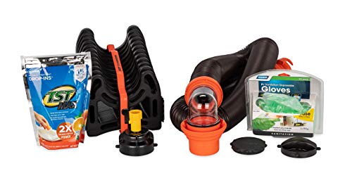 Camco RV Sanitation Kit | Sewer Hose Kit and Support Provide Drainage from RV to Dump Site and Includes TST Drop-INs and Dump Gloves (44732)