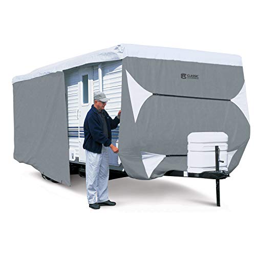 Classic Accessories Over Drive PolyPRO3 Deluxe Travel Trailer/Toy Hauler Cover, Fits 33'-35' RVs, Camper RV Cover, Customizable Fit, Water-Resistant, All Season Protection for Motorhome, Grey/White